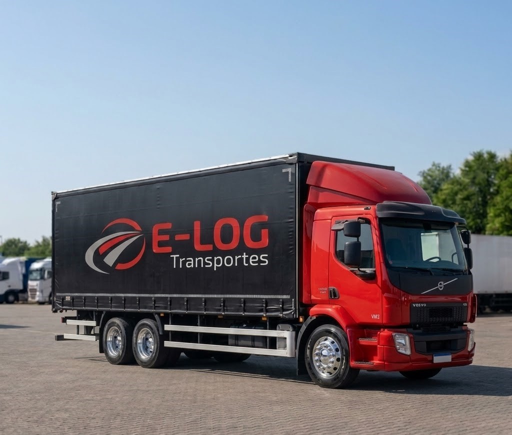 Caminhão da frota E-LOG Transportes ao pôr do sol